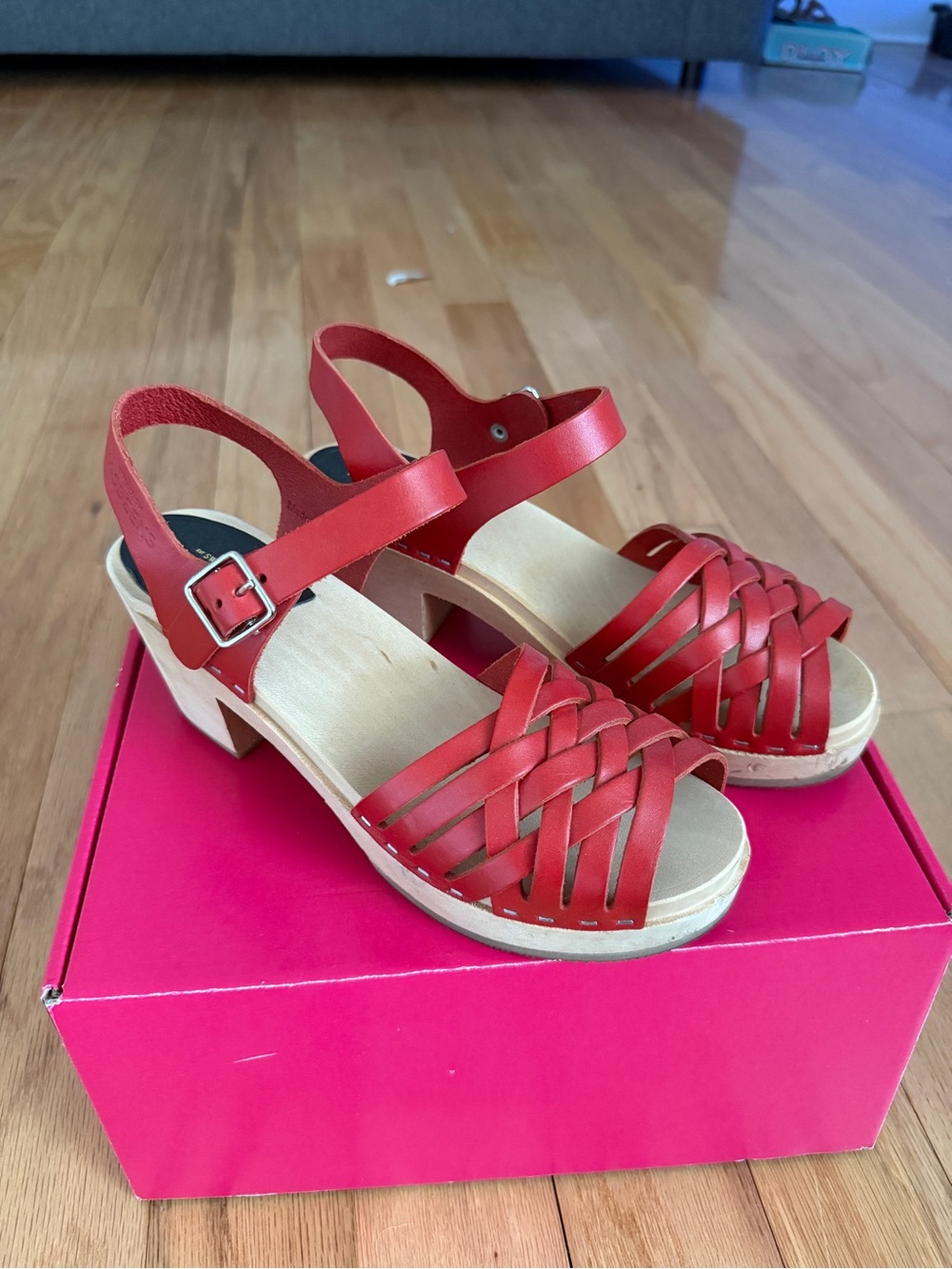 Swedish Hasbeens Braided High , Red Woven Leather Slingback Heels
